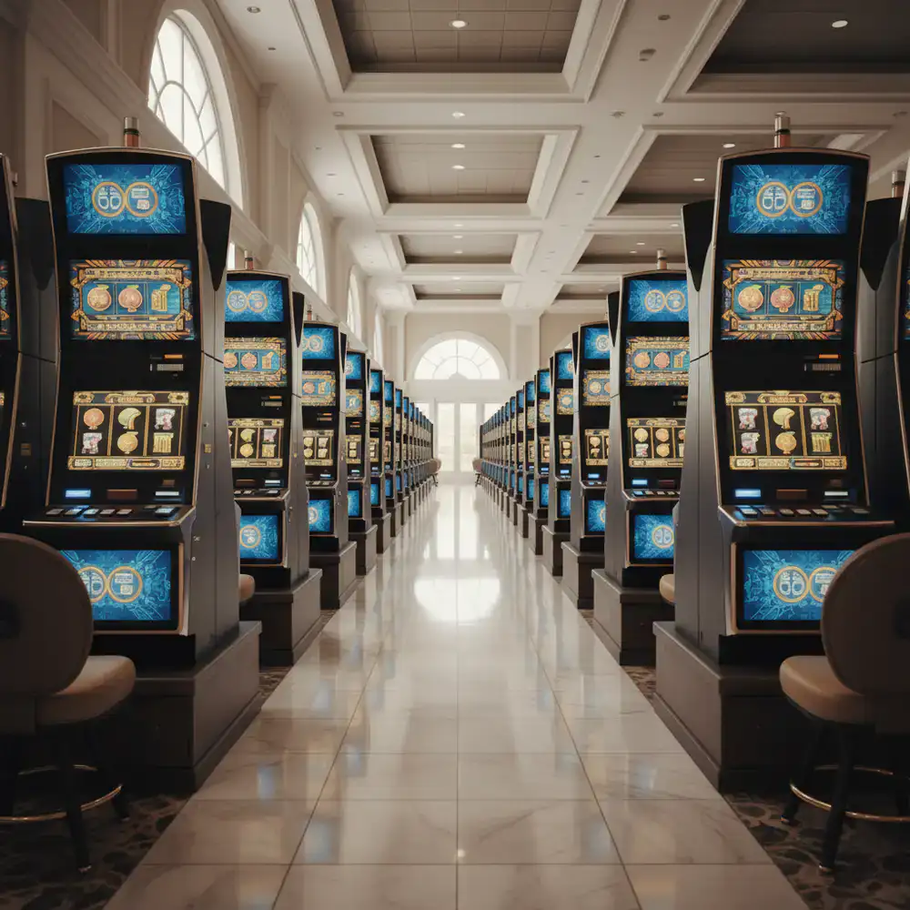 Een lange casinogang met rijen identieke machines